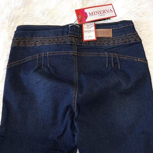 MINERVA CLOTHING Women's Jeans Sz 9 Navy 3 Pockets Stretch Embroidery Rhinestone - Picture 5 of 13